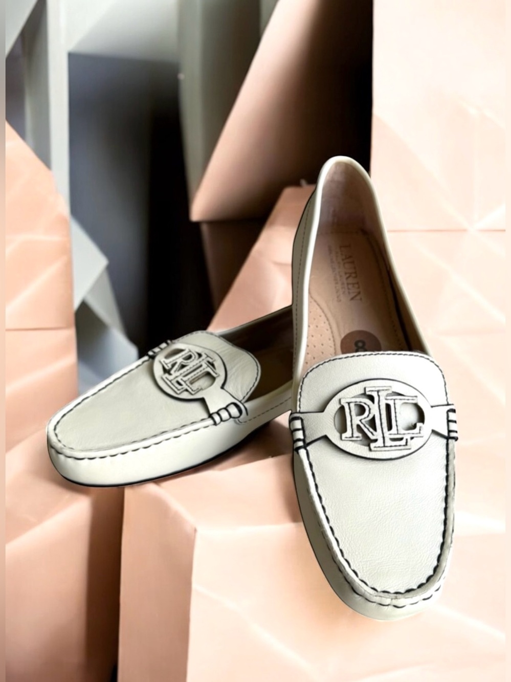 🆕 Lauren Ralph Lauren Brynn Driver Loafers Ivory Leather Flats